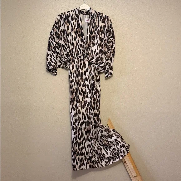 Buddy Love Leopard Print Maxi Dress XS Flowy Kimono Sleeve Side Slit - Picture 2 of 4